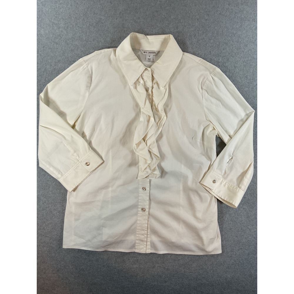 St John Womens Cream Ruffle Front 3/4 Sleeve Stretch Blouse Shirt Size 10 #626